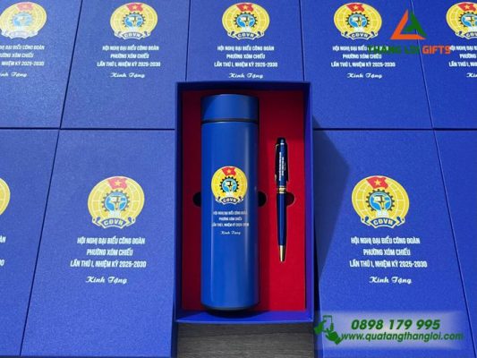 Bộ Qùa Tặng (Bình+Bút) - In Khắc Logo Công Đoàn Phường Xóm Chiếu