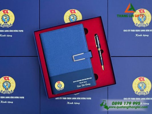 Bộ Quà Tặng (Sổ+Bút) Màu Xanh – In Khắc Logo Công Đoàn Việt Nam