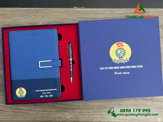 Bộ Quà Tặng (Sổ+Bút) Màu Xanh – In Khắc Logo Công Đoàn Việt Nam