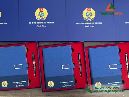 Bộ Quà Tặng (Sổ+Bút) Màu Xanh – In Khắc Logo Công Đoàn Việt Nam
