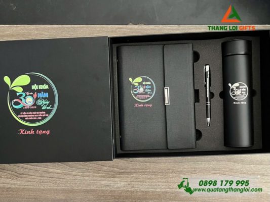 Giftset (Sổ+Bình+Bút) - In Khắc Logo Trường THCS Trần Quý Cáp