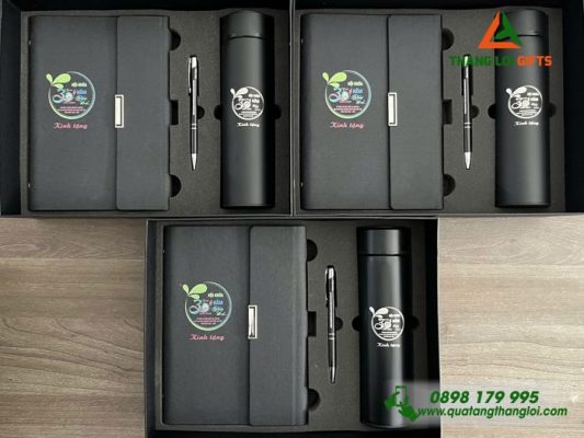 Giftset (Sổ+Bình+Bút) - In Khắc Logo Trường THCS Trần Quý Cáp