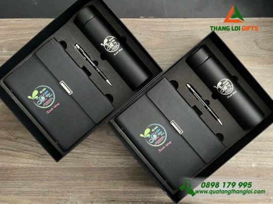Giftset (Sổ+Bình+Bút) - In Khắc Logo Trường THCS Trần Quý Cáp