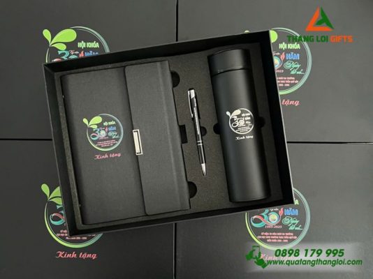 Giftset (Sổ+Bình+Bút) - In Khắc Logo Trường THCS Trần Quý Cáp