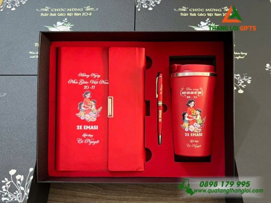 Bộ Quà Tặng (Sổ+Ly+Bút) Màu Đỏ – In Khắc Nội Dung Tri Ân Thầy Cô