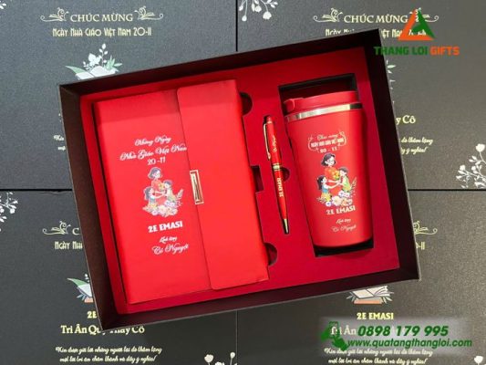 Bộ Quà Tặng (Sổ+Ly+Bút) Màu Đỏ – In Khắc Nội Dung Tri Ân Thầy Cô