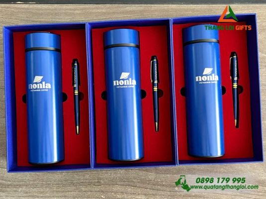 GST 90 – Bộ quà tặng (Bình Giữ Nhiệt + Bút Ký) Màu Xanh - In Khắc Logo NonLa Vietnamese Coffe