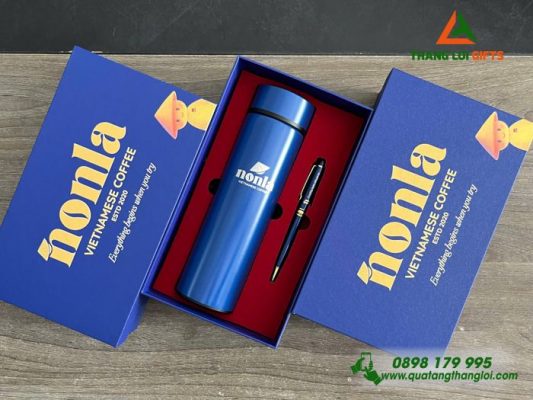 GST 90 – Bộ quà tặng (Bình Giữ Nhiệt + Bút Ký) Màu Xanh - In Khắc Logo NonLa Vietnamese Coffe