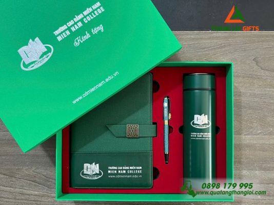 Giftset (Sổ+Bình+Bút) - In Khắc Logo Trường Cao Đẳng Miền Nam