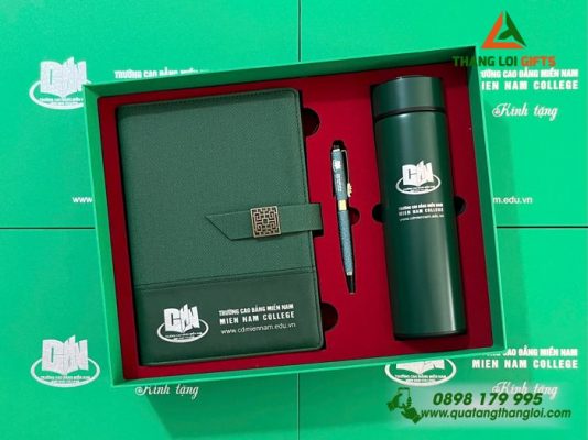 Giftset (Sổ+Bình+Bút) - In Khắc Logo Trường Cao Đẳng Miền Nam