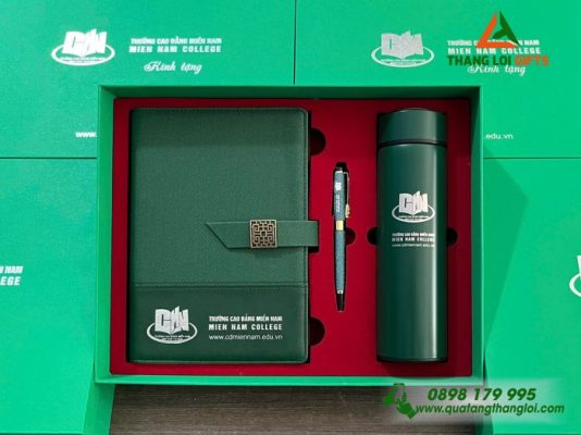 Giftset (Sổ+Bình+Bút) - In Khắc Logo Trường Cao Đẳng Miền Nam