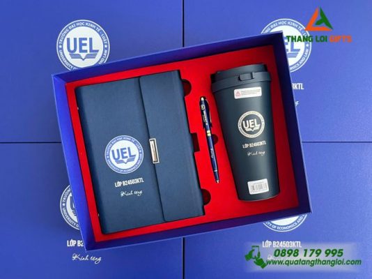 Giftset (Sổ+Ly Lock+Bút) – In Khắc Logo Trường ĐH Kinh Tế Luật UEL