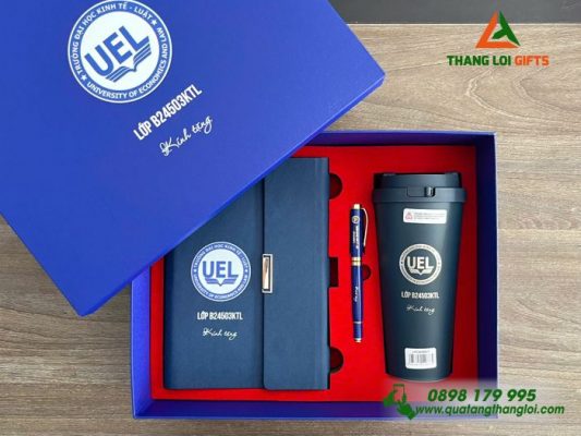 Giftset (Sổ+Ly Lock+Bút) – In Khắc Logo Trường ĐH Kinh Tế Luật UEL