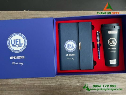Giftset (Sổ+Ly Lock+Bút) – In Khắc Logo Trường ĐH Kinh Tế Luật UEL
