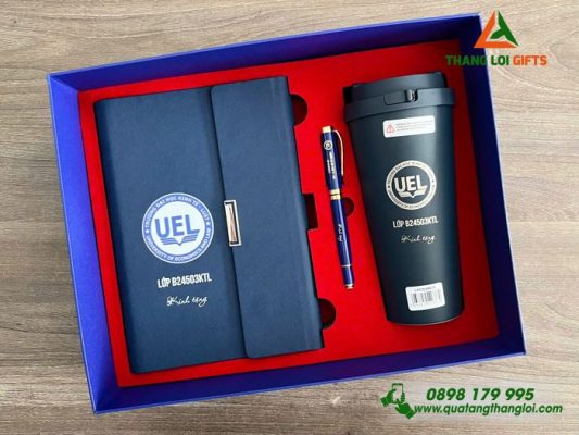Giftset (Sổ+Ly Lock+Bút) – In Khắc Logo Trường ĐH Kinh Tế Luật UEL