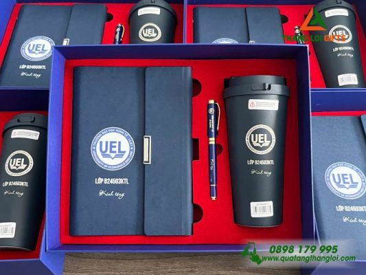 Giftset (Sổ+Ly Lock+Bút) – In Khắc Logo Trường ĐH Kinh Tế Luật UEL