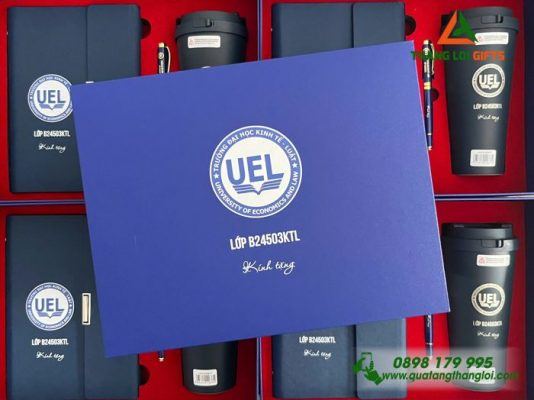 Giftset (Sổ+Ly Lock+Bút) – In Khắc Logo Trường ĐH Kinh Tế Luật UEL