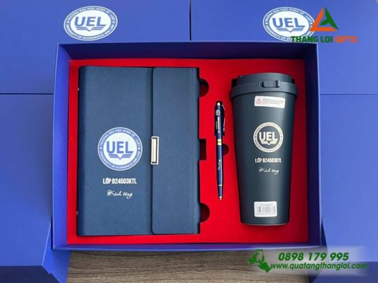Giftset (Sổ+Ly Lock+Bút) – In Khắc Logo Trường ĐH Kinh Tế Luật UEL
