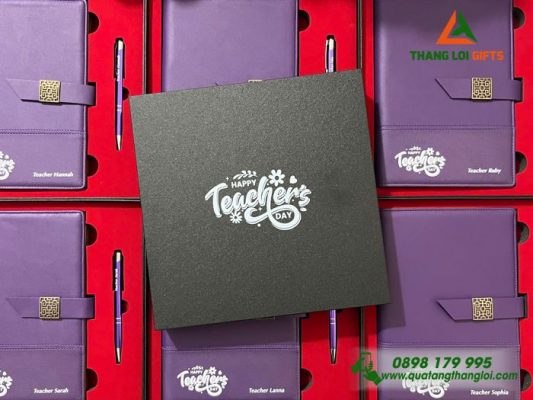 Bộ Quà Tặng (Sổ+Bút) Màu Tím - In Khắc Logo Happy Teacher Day