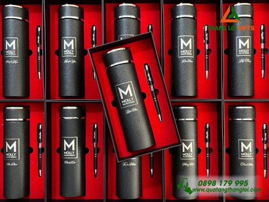 Set Quà Tặng (Bình+Bút) Màu Đen - In Khắc Logo Doanh Nghiệp MOLLY