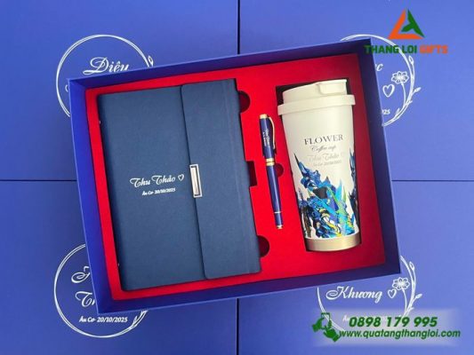Combo Quà Tặng (Sổ+Ly+Bút) Màu Xanh - In Khắc Tên Làm Quà Tặng