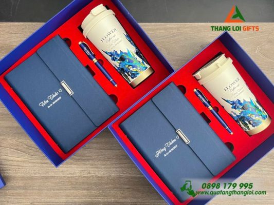 Combo Quà Tặng (Sổ+Ly+Bút) Màu Xanh - In Khắc Tên Làm Quà Tặng