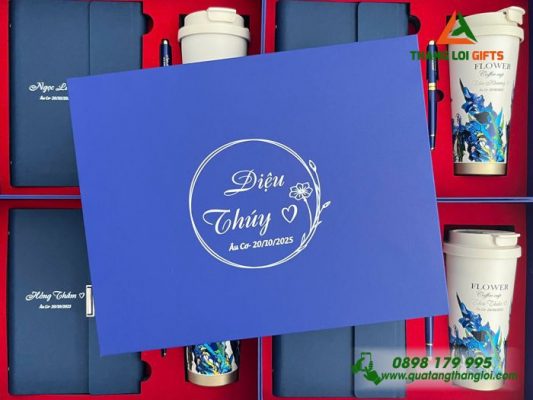 Combo Quà Tặng (Sổ+Ly+Bút) Màu Xanh - In Khắc Tên Làm Quà Tặng