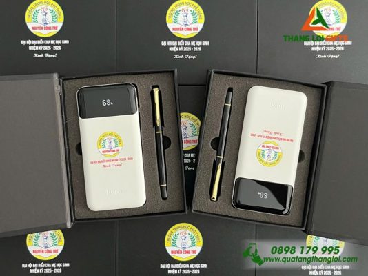 Bộ Quà Tặng (Pin+Bút) - In Khắc Logo Trường THPT Nguyễn Công Trứ
