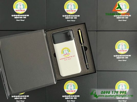 Bộ Quà Tặng (Pin+Bút) - In Khắc Logo Trường THPT Nguyễn Công Trứ