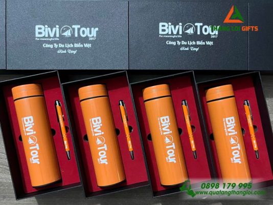 Set Quà Tặng (Bình+Bút) - In Khắc Logo Doanh Nghiệp Bivi Tour