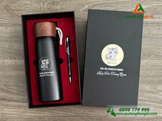 Combo Quà Tặng (Bình+Bút) – In Khắc Logo Tiệm Cafe Tiger