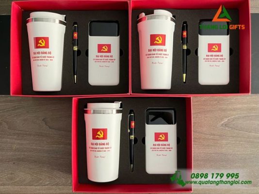 Set Quà Tặng (Ly+Pin Sạc+Bút) - In Khắc Logo Đại Hội Đảng Bộ Cơ Quan
