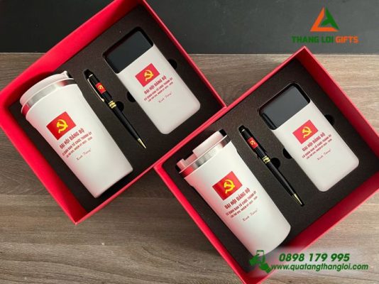 Set Quà Tặng (Ly+Pin Sạc+Bút) - In Khắc Logo Đại Hội Đảng Bộ Cơ Quan
