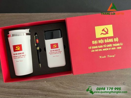 Set Quà Tặng (Ly+Pin Sạc+Bút) - In Khắc Logo Đại Hội Đảng Bộ Cơ Quan