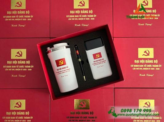 Set Quà Tặng (Ly+Pin Sạc+Bút) - In Khắc Logo Đại Hội Đảng Bộ Cơ Quan