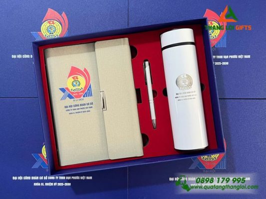 Bộ Quà Tặng (Sổ+Bình+Bút) – In Khắc Logo Đại Hội Công Đoàn