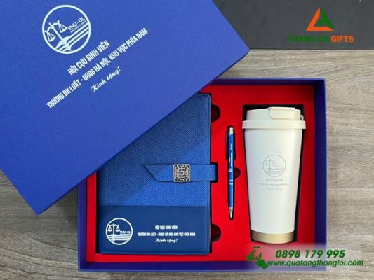 Giftset (Sổ+Ly+Bút) - In Khắc Logo Trường ĐH Luật - ĐHQG Hà Nội