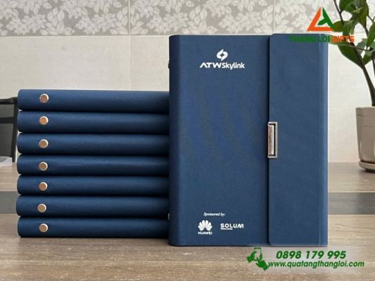 Sổ Da Bìa Còng Gập 3 Màu Xanh - In Logo Doanh nghiệp HUAWEI