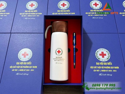 Set Quà Tặng (Bình+Bút) - In Khắc Logo Hội Chữ Thập Đỏ Phường Quy Nhơn