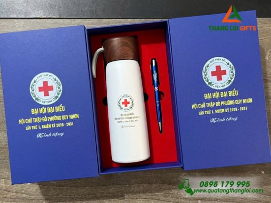 Set Quà Tặng (Bình+Bút) - In Khắc Logo Hội Chữ Thập Đỏ Phường Quy Nhơn