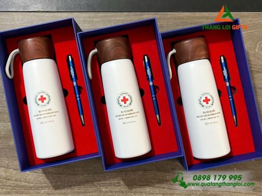 Set Quà Tặng (Bình+Bút) - In Khắc Logo Hội Chữ Thập Đỏ Phường Quy Nhơn