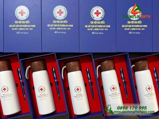 Set Quà Tặng (Bình+Bút) - In Khắc Logo Hội Chữ Thập Đỏ Phường Quy Nhơn