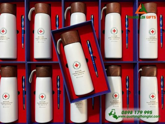 Set Quà Tặng (Bình+Bút) - In Khắc Logo Hội Chữ Thập Đỏ Phường Quy Nhơn
