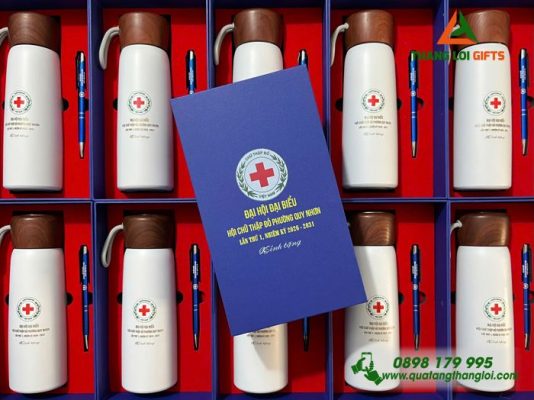Set Quà Tặng (Bình+Bút) - In Khắc Logo Hội Chữ Thập Đỏ Phường Quy Nhơn