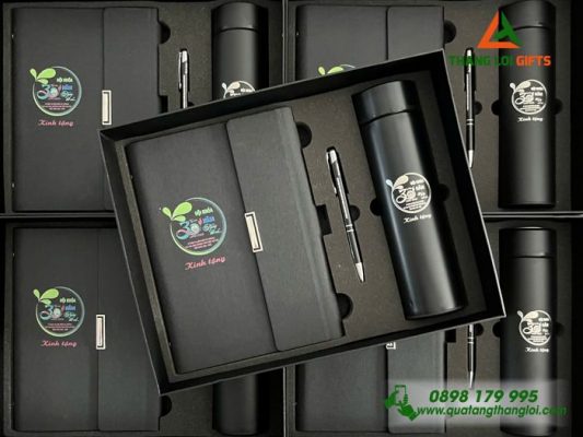 Bộ Quà Tặng (Sổ+Bình+Bút) - In Khắc Logo Trường THCS Trần Qúy Cáp