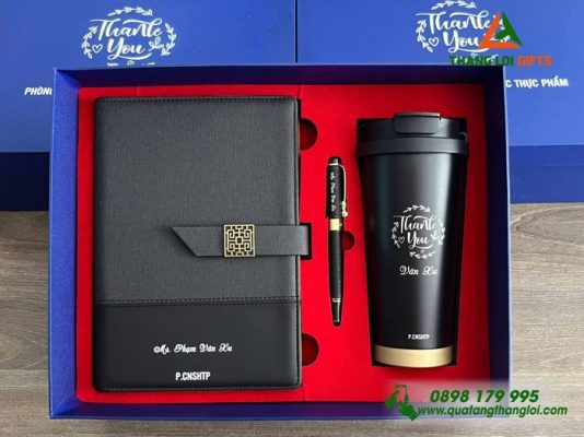 Bộ Quà Tặng (Sổ+Ly+Bút) Màu Đen - In Khắc Tên Theo Yêu Cầu