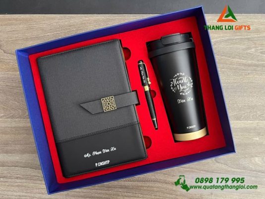 Bộ Quà Tặng (Sổ+Ly+Bút) Màu Đen - In Khắc Tên Theo Yêu Cầu