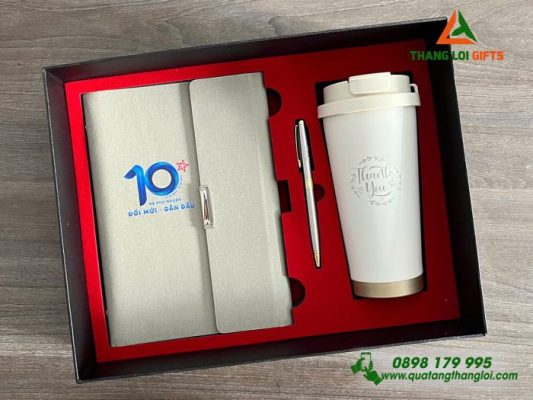 Giftset (Sổ+Ly+Bút) - In Khắc Logo10 Năm Ngân Hàng MB Bank