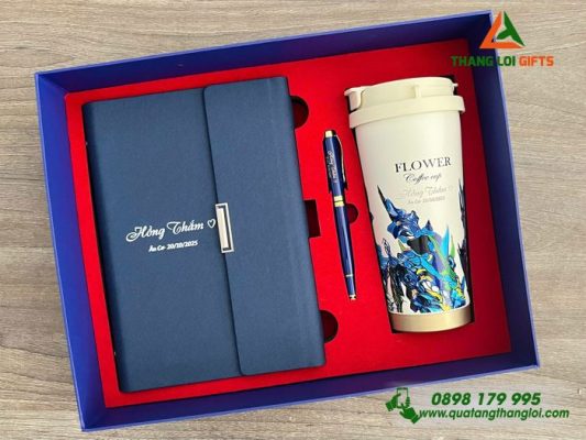 Giftset (Sổ+Ly+Bút) Màu Xanh - In Khắc Tên Nội Dung Làm Quà Tặng