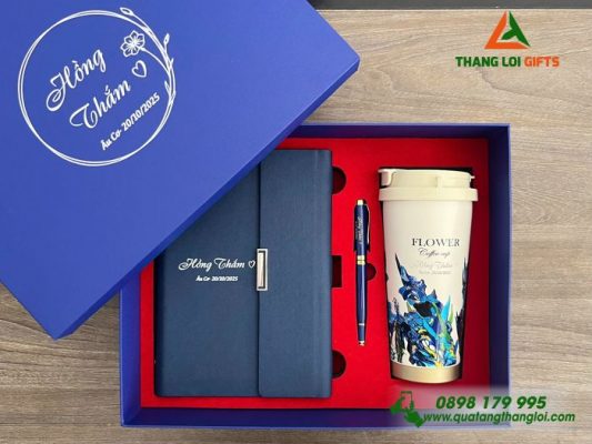 Giftset (Sổ+Ly+Bút) Màu Xanh - In Khắc Tên Nội Dung Làm Quà Tặng